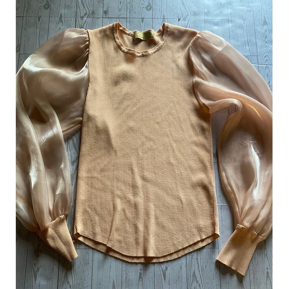 How Very Loved Sheer Sleeve Knit Top large Women’s Peach Ribbed Sweater Blouse